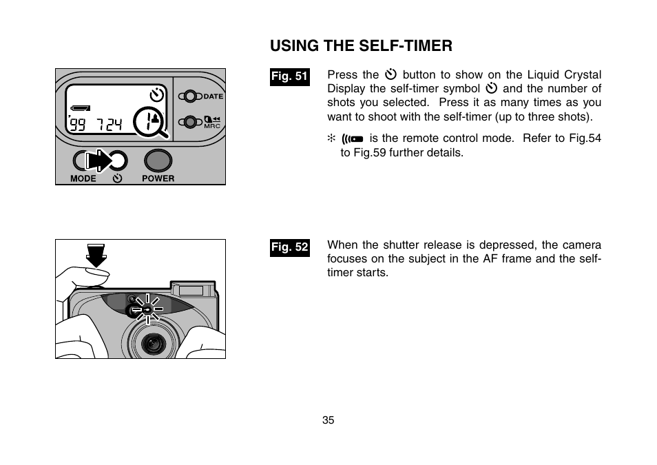 Using the self-timer, 6 self-timer/remote control/date set button, 0 exposure counter/self-timer count | 3 self-timer mode | FujiFilm 3100ixZ User Manual | Page 35 / 47