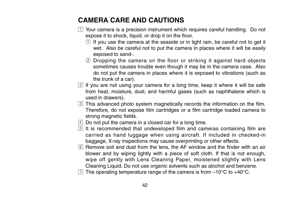 Camera care and cautions | FujiFilm 3100ixZ User Manual | Page 42 / 47