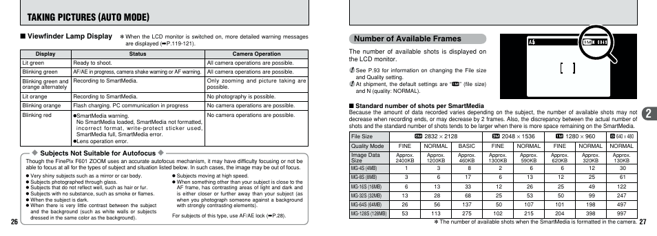 Taking pictures (auto mode), Number of available frames | FujiFilm F601 User Manual | Page 14 / 69