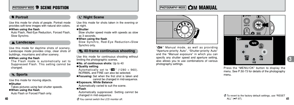 W manual, E scene position | FujiFilm F601 User Manual | Page 21 / 69