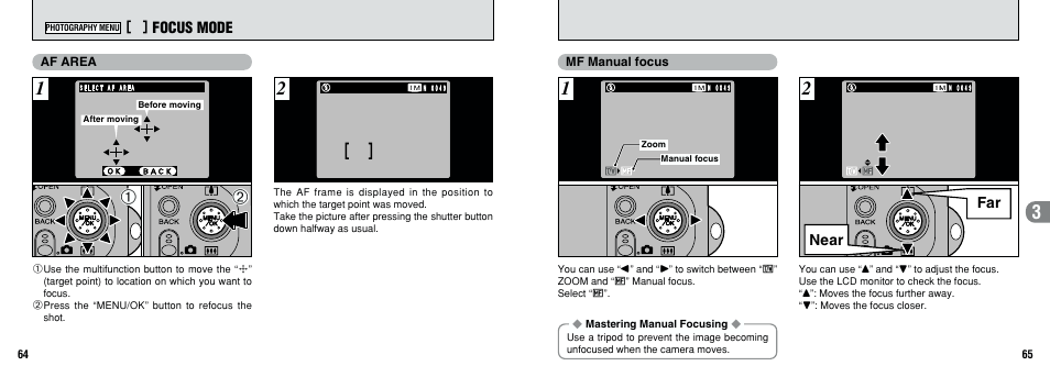 Far near, Focus mode | FujiFilm F601 User Manual | Page 33 / 69