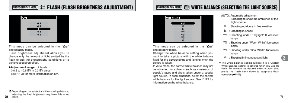 X flash (flash brightness adjustment), A white balance (selecting the light source) | FujiFilm F601 User Manual | Page 36 / 69