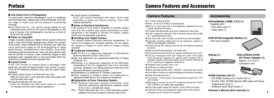 Camera features and accessories preface, Camera features accessories | FujiFilm F601 User Manual | Page 4 / 69