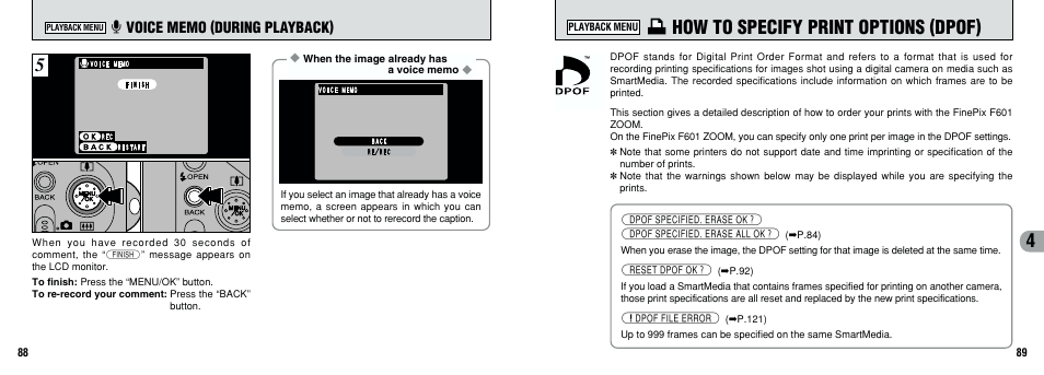 I how to specify print options (dpof) | FujiFilm F601 User Manual | Page 45 / 69