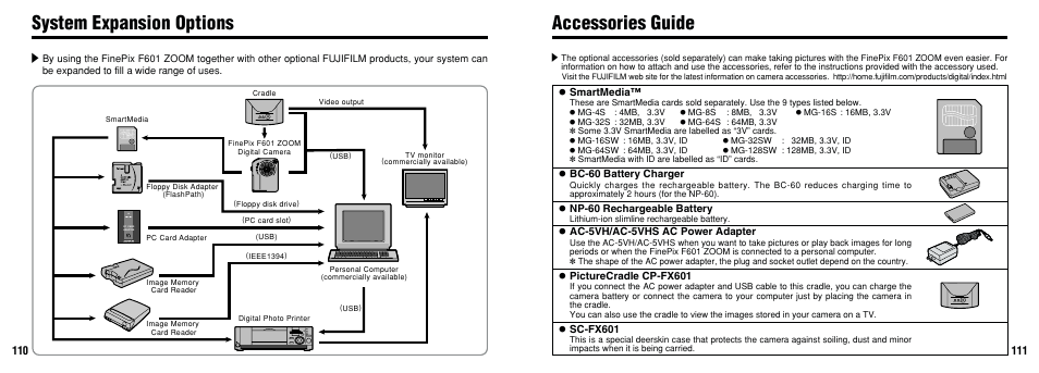 Accessories guide, System expansion options | FujiFilm F601 User Manual | Page 56 / 69