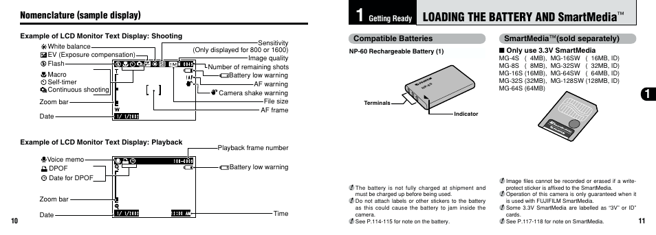 Loading the battery and smartmedia, Nomenclature (sample display) | FujiFilm F601 User Manual | Page 6 / 69