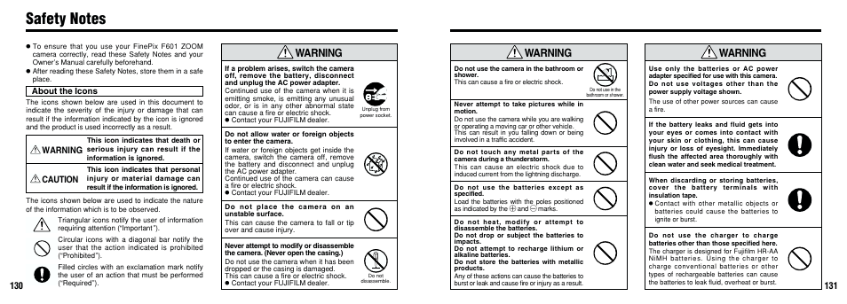 Warning | FujiFilm F601 User Manual | Page 66 / 69