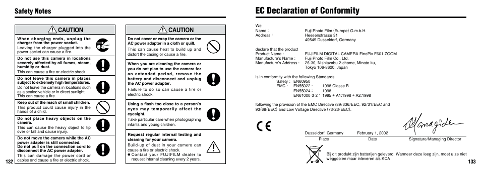 Ec declaration of conformity, Caution | FujiFilm F601 User Manual | Page 67 / 69