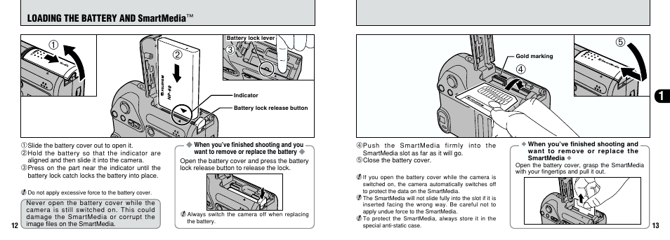 Loading the battery and smartmedia | FujiFilm F601 User Manual | Page 7 / 69