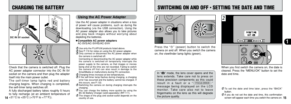 Charging the battery switching on and off, Setting the date and time | FujiFilm F601 User Manual | Page 8 / 69