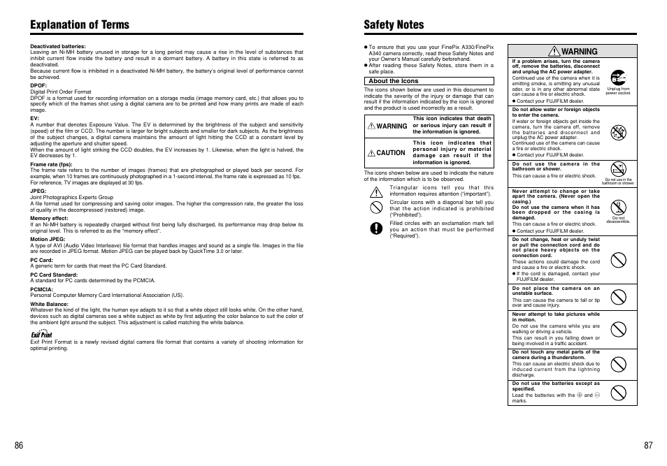Explanation of terms, Warning | FujiFilm FinePix A330 User Manual | Page 44 / 47