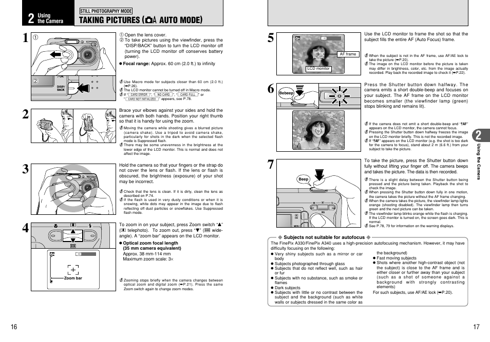 Taking pictures ( a auto mode) | FujiFilm FinePix A330 User Manual | Page 9 / 47