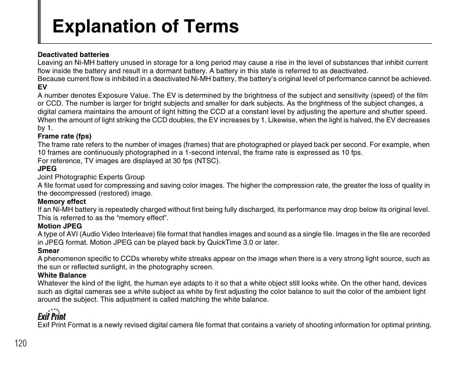Explanation of terms | FujiFilm A400 User Manual | Page 120 / 132