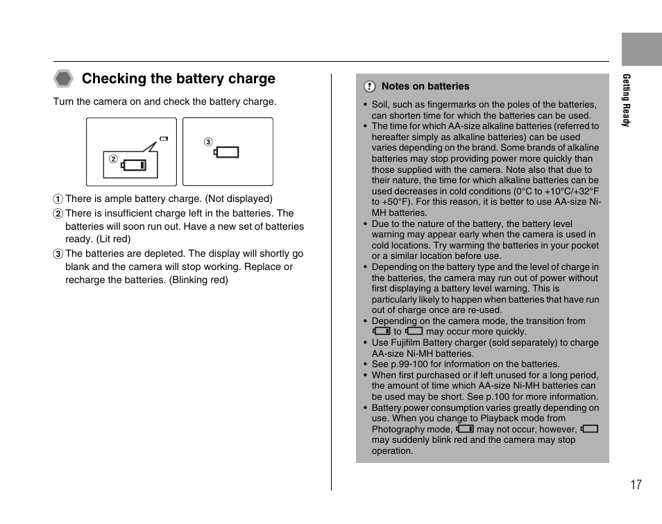 Checking the battery charge | FujiFilm A400 User Manual | Page 17 / 132