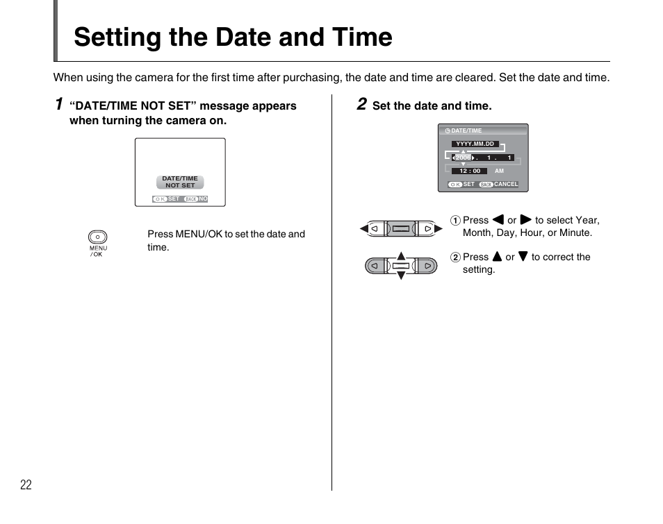 Setting the date and time | FujiFilm A400 User Manual | Page 22 / 132