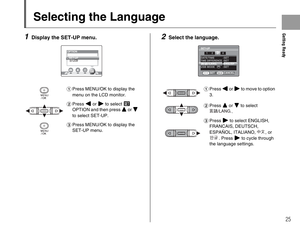 Selecting the language | FujiFilm A400 User Manual | Page 25 / 132