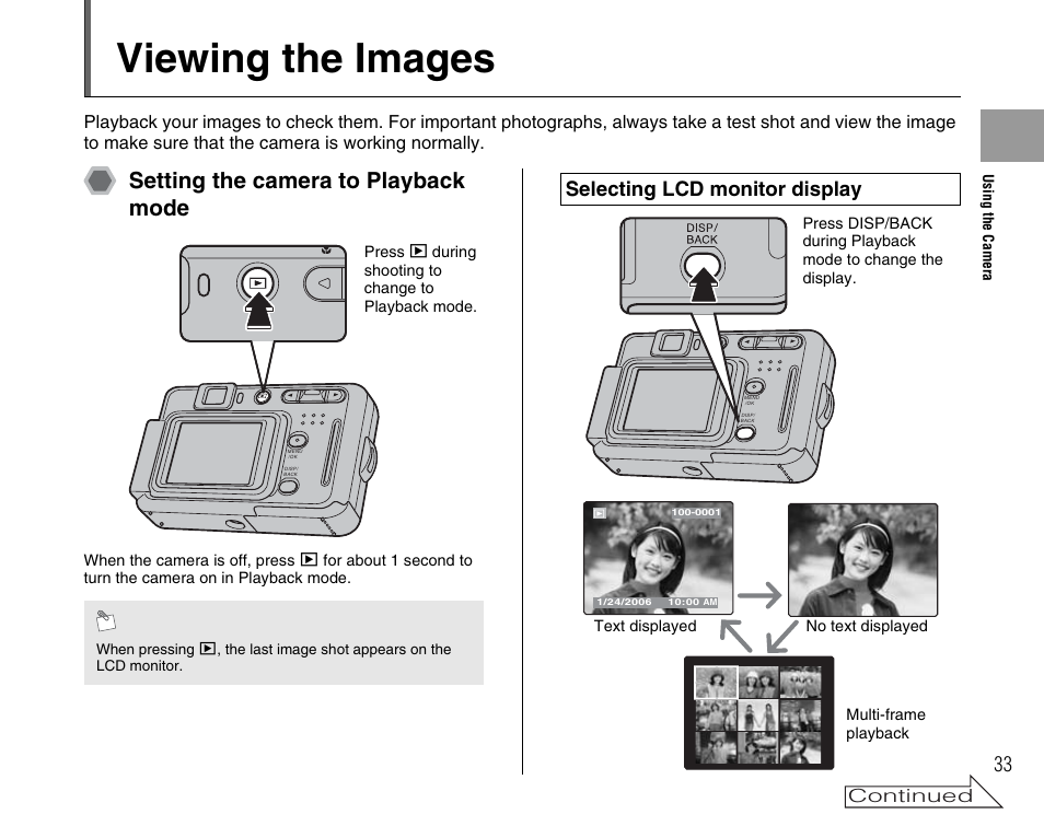 Viewing the images, Setting the camera to playback mode, Selecting lcd monitor display | Continued | FujiFilm A400 User Manual | Page 33 / 132