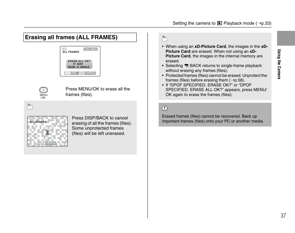 Erasing all frames (all frames) | FujiFilm A400 User Manual | Page 37 / 132