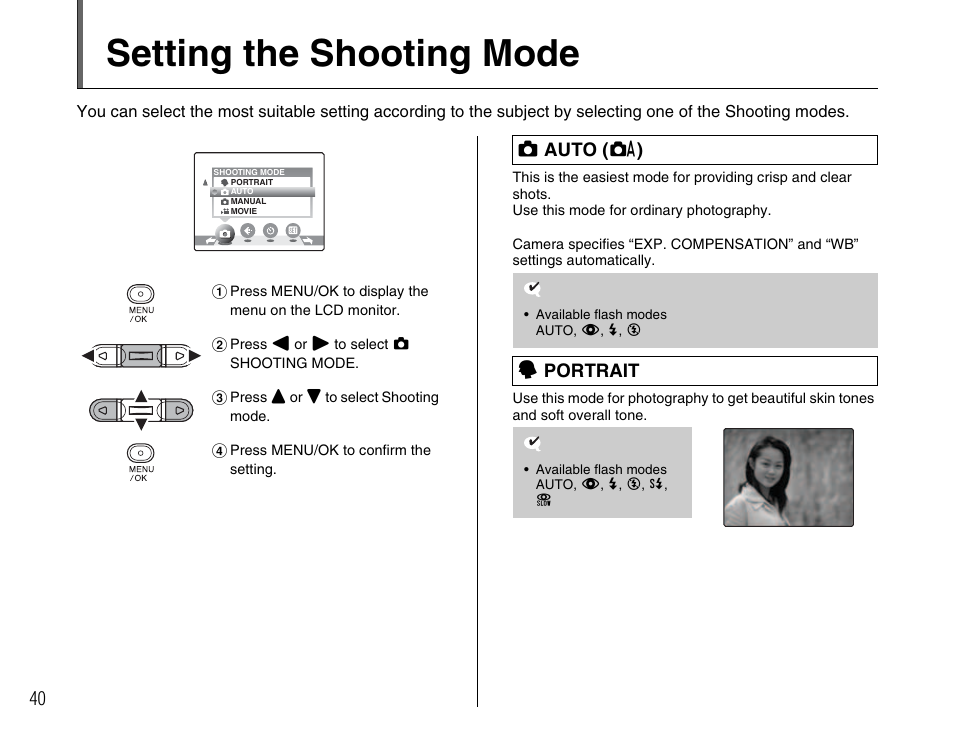 Setting the shooting mode, Q auto ( a ), H portrait | FujiFilm A400 User Manual | Page 40 / 132