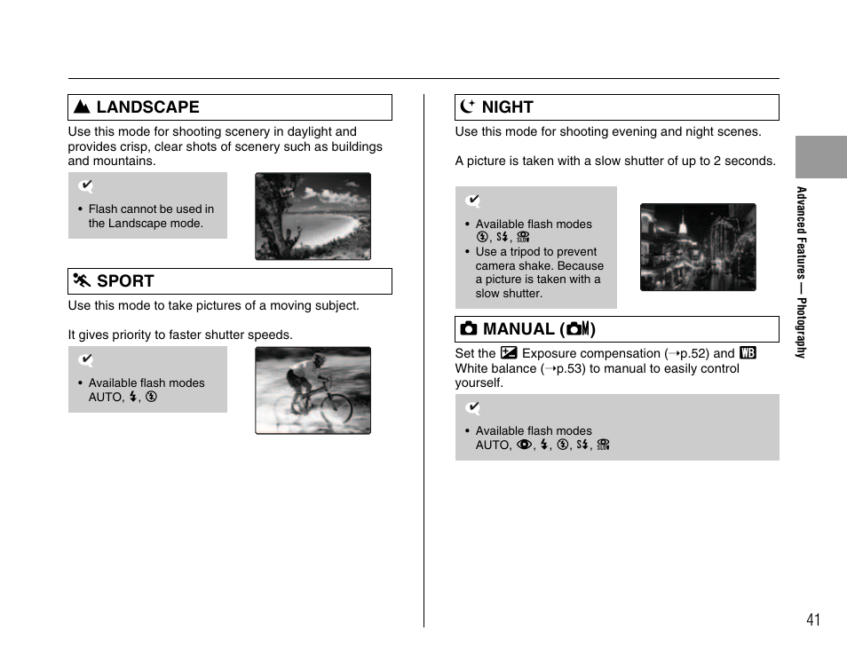 Landscape, Sport, 8 night | Q manual ( s ) | FujiFilm A400 User Manual | Page 41 / 132