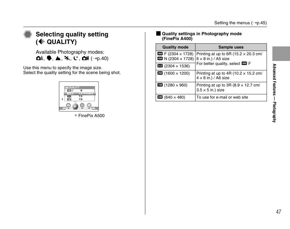 Selecting quality setting ( y quality) | FujiFilm A400 User Manual | Page 47 / 132
