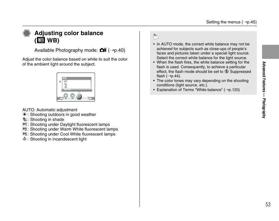 Adjusting color balance ( t wb) | FujiFilm A400 User Manual | Page 53 / 132
