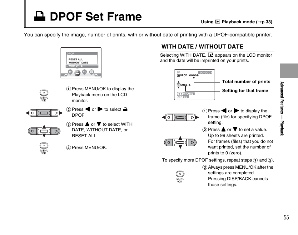 U dpof set frame, With date / without date | FujiFilm A400 User Manual | Page 55 / 132