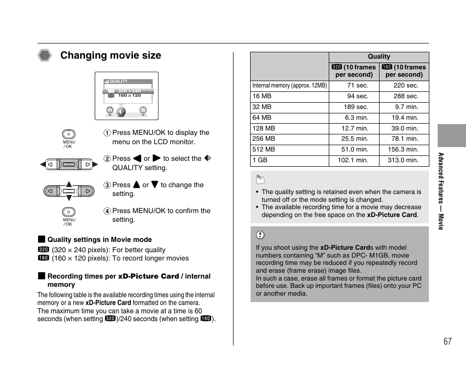 Changing movie size | FujiFilm A400 User Manual | Page 67 / 132