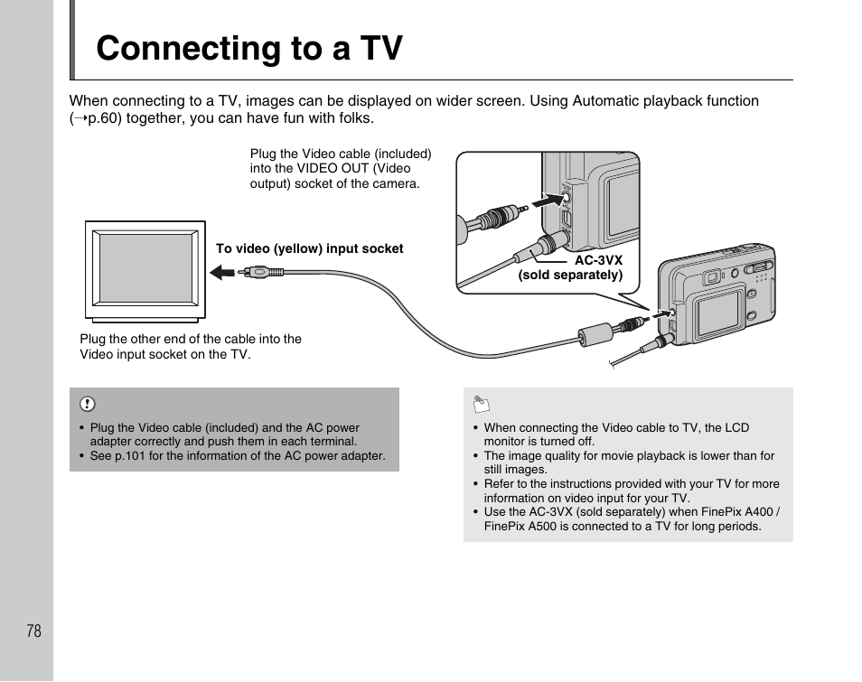 Connecting to a tv | FujiFilm A400 User Manual | Page 78 / 132