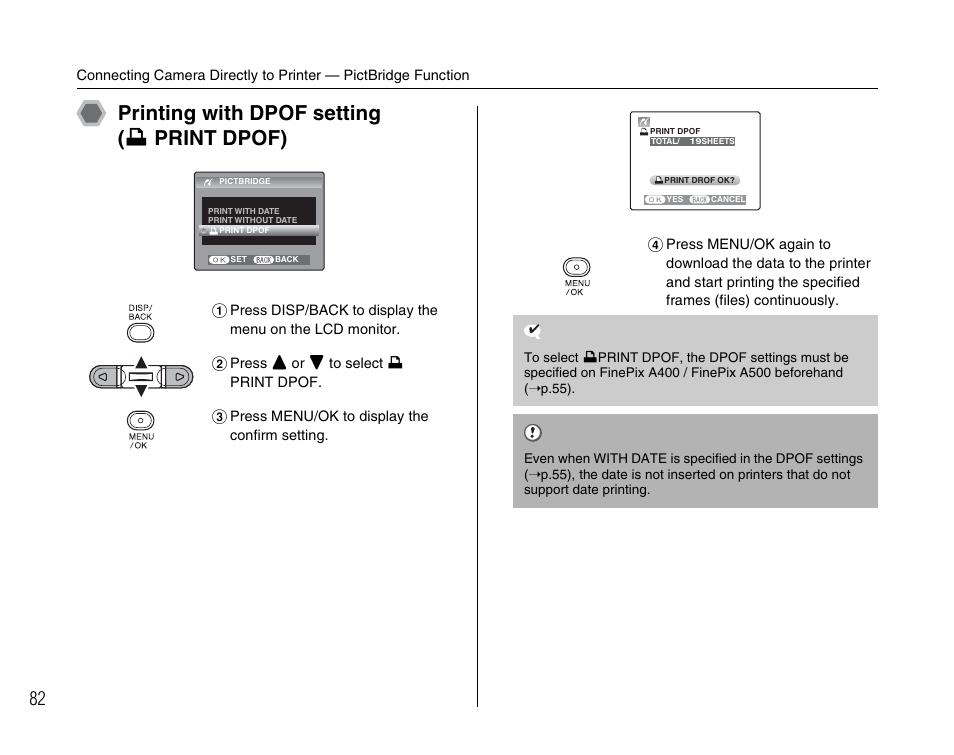 Printing with dpof setting ( u print dpof) | FujiFilm A400 User Manual | Page 82 / 132