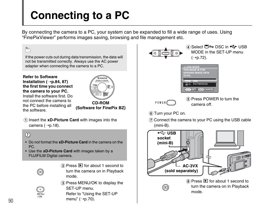 Connecting to a pc | FujiFilm A400 User Manual | Page 90 / 132