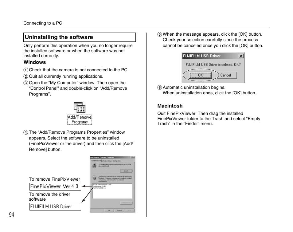 Uninstalling the software | FujiFilm A400 User Manual | Page 94 / 132