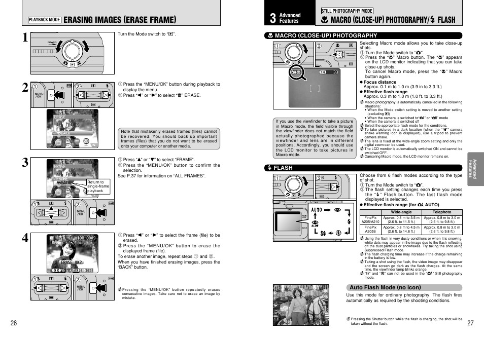 Erasing images (erase frame), E macro (close-up) photography/ d flash | FujiFilm FinePix A205S User Manual | Page 14 / 43