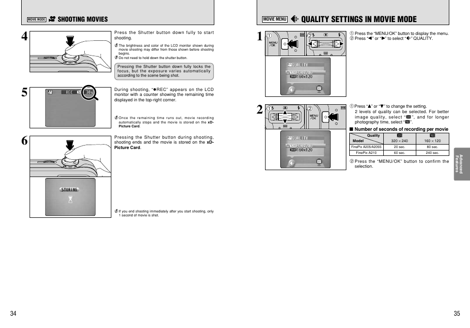 Y quality settings in movie mode | FujiFilm FinePix A205S User Manual | Page 18 / 43