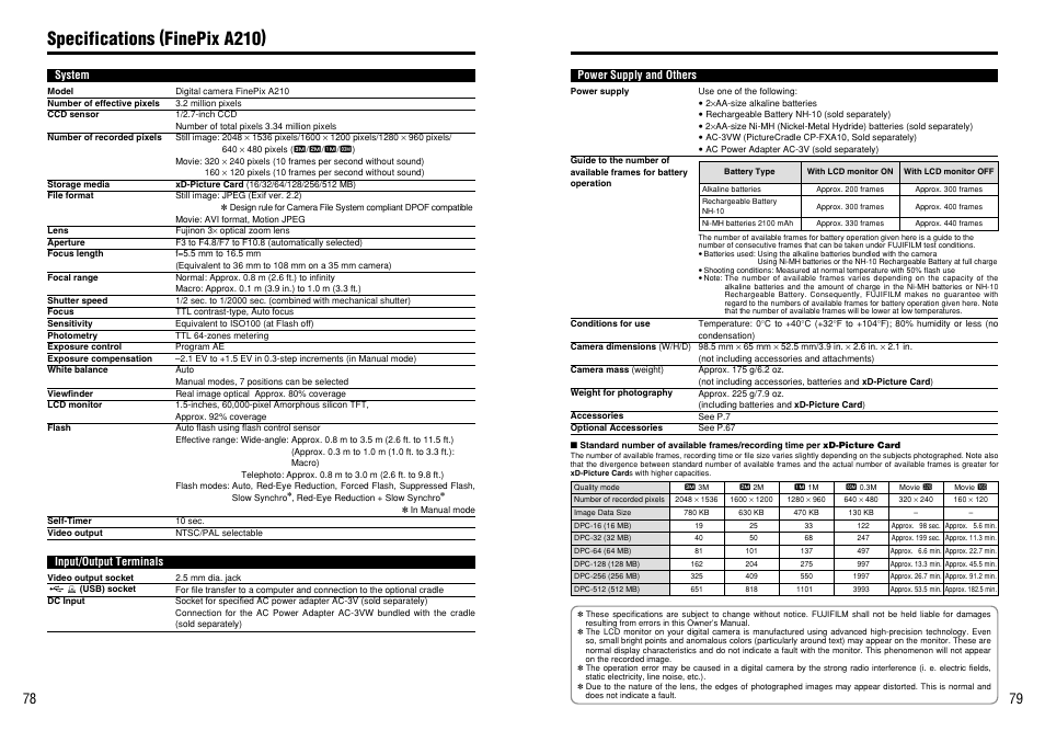 Specifications (finepix a210) | FujiFilm FinePix A205S User Manual | Page 40 / 43