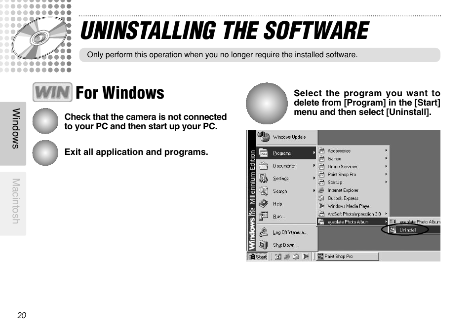 Uninstalling the software, For windows | FujiFilm eyeplate Digital Camera User Manual | Page 20 / 27