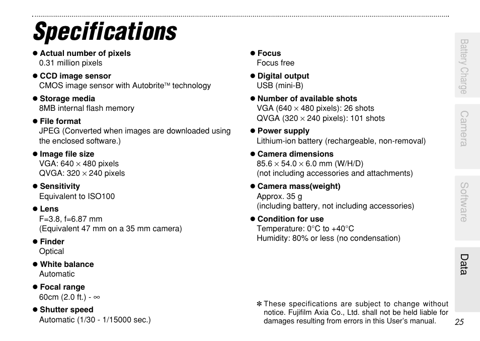 Specifications, Battery charge camera software data | FujiFilm eyeplate Digital Camera User Manual | Page 25 / 27