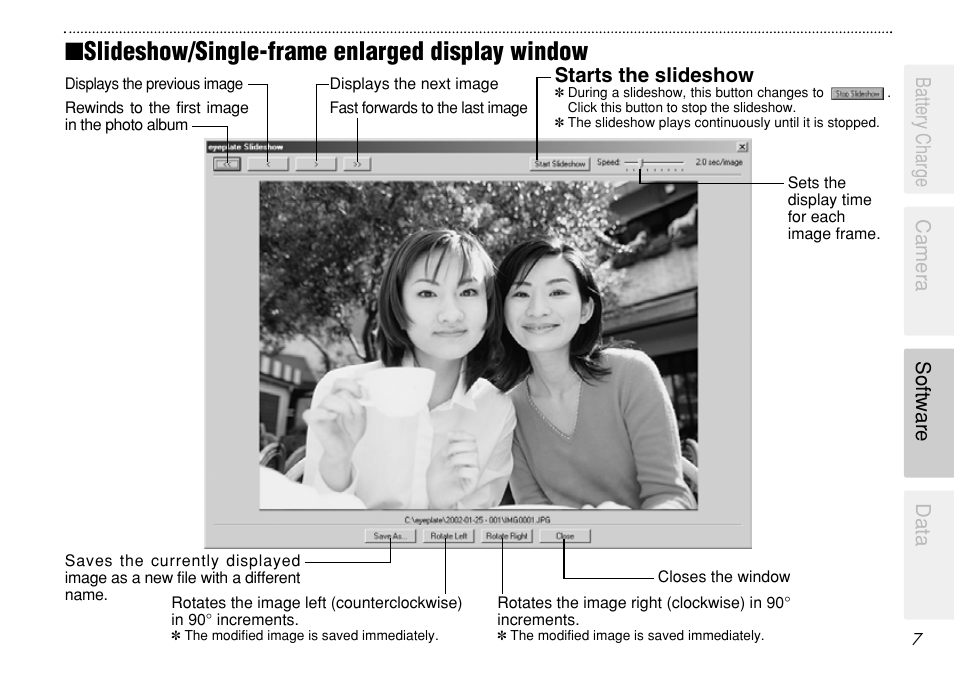 Slideshow/single-frame enlarged display window, Battery charge camera software data, Starts the slideshow | FujiFilm eyeplate Digital Camera User Manual | Page 7 / 27