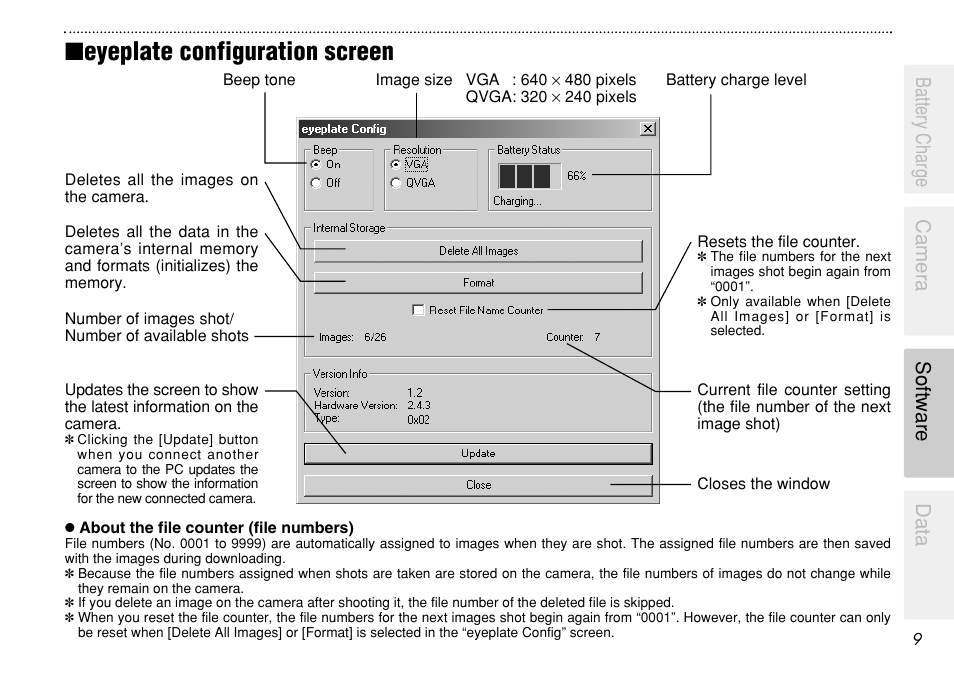 Eyeplate configuration screen, Battery charge camera software data | FujiFilm eyeplate Digital Camera User Manual | Page 9 / 27