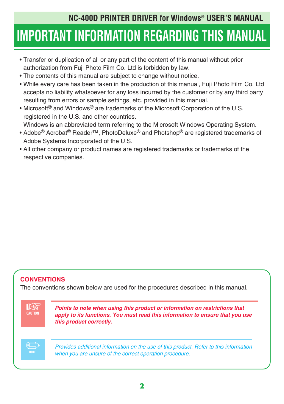 Important information regarding this manual, Nc-400d printer driver for windows, User’s manual | FujiFilm NC-400D User Manual | Page 2 / 47