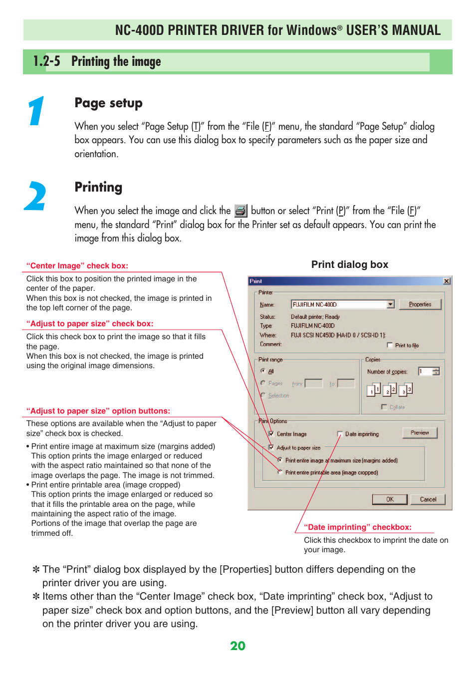 Nc-400d printer driver for windows, User’s manual, 5 printing the image | FujiFilm NC-400D User Manual | Page 20 / 47