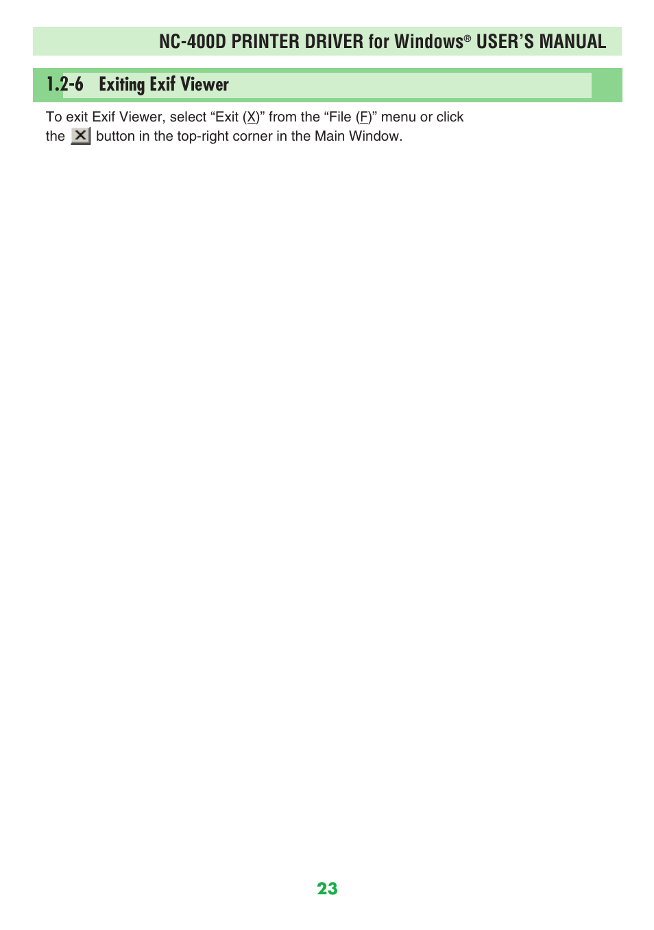 6 exiting exif viewer, Nc-400d printer driver for windows, User’s manual | FujiFilm NC-400D User Manual | Page 23 / 47