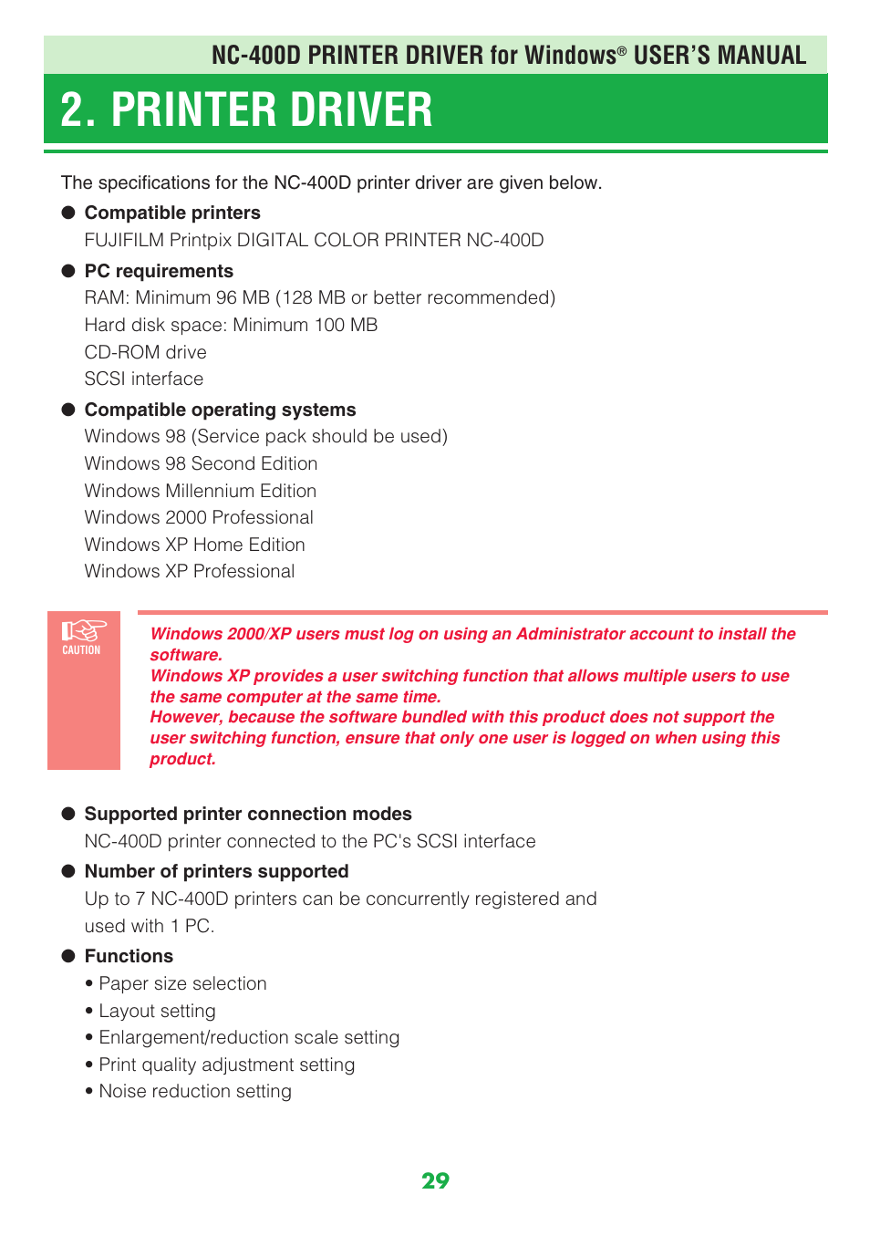 Printer driver, Nc-400d printer driver for windows, User’s manual | FujiFilm NC-400D User Manual | Page 29 / 47