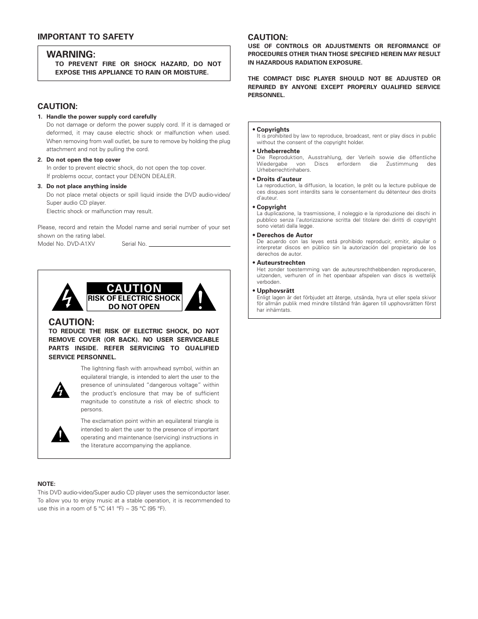 Important to safety, Warning, Caution | FujiFilm DVD-A1XV User Manual | Page 2 / 92