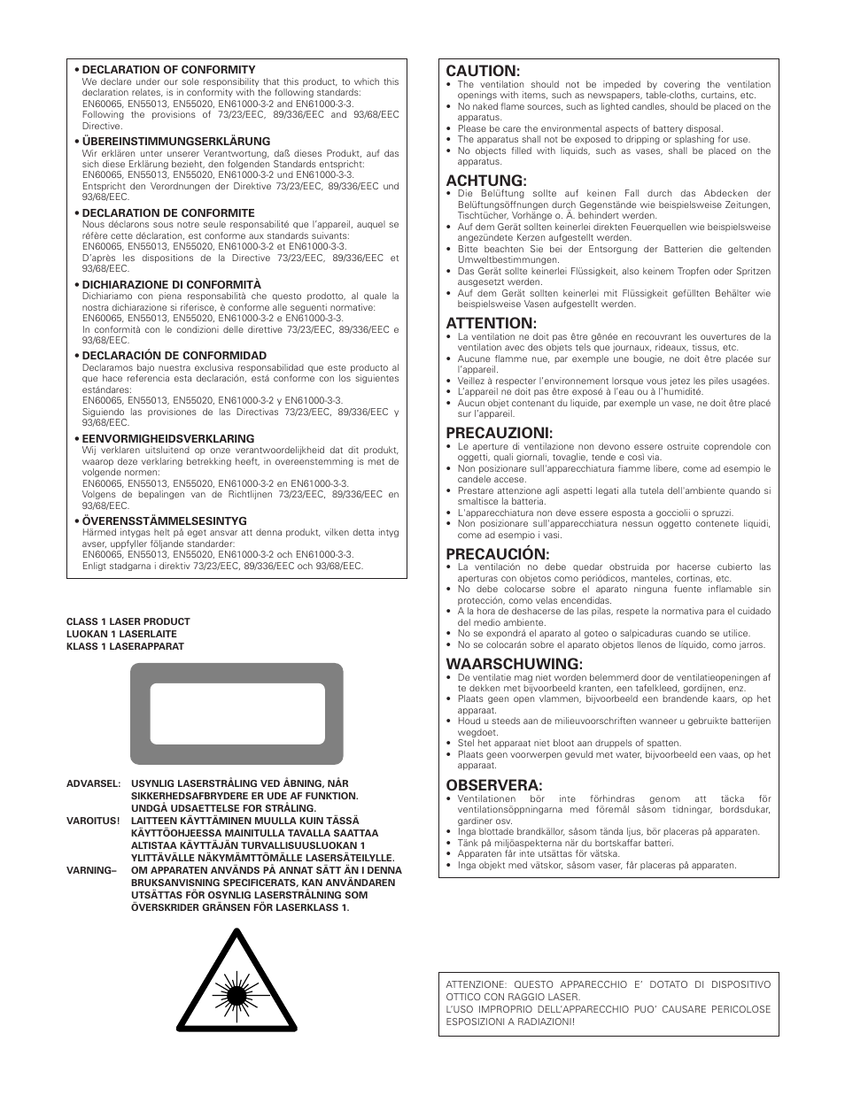 Class 1 laser product, Caution, Achtung | Attention, Precauzioni, Precaución, Waarschuwing, Observera | FujiFilm DVD-A1XV User Manual | Page 3 / 92