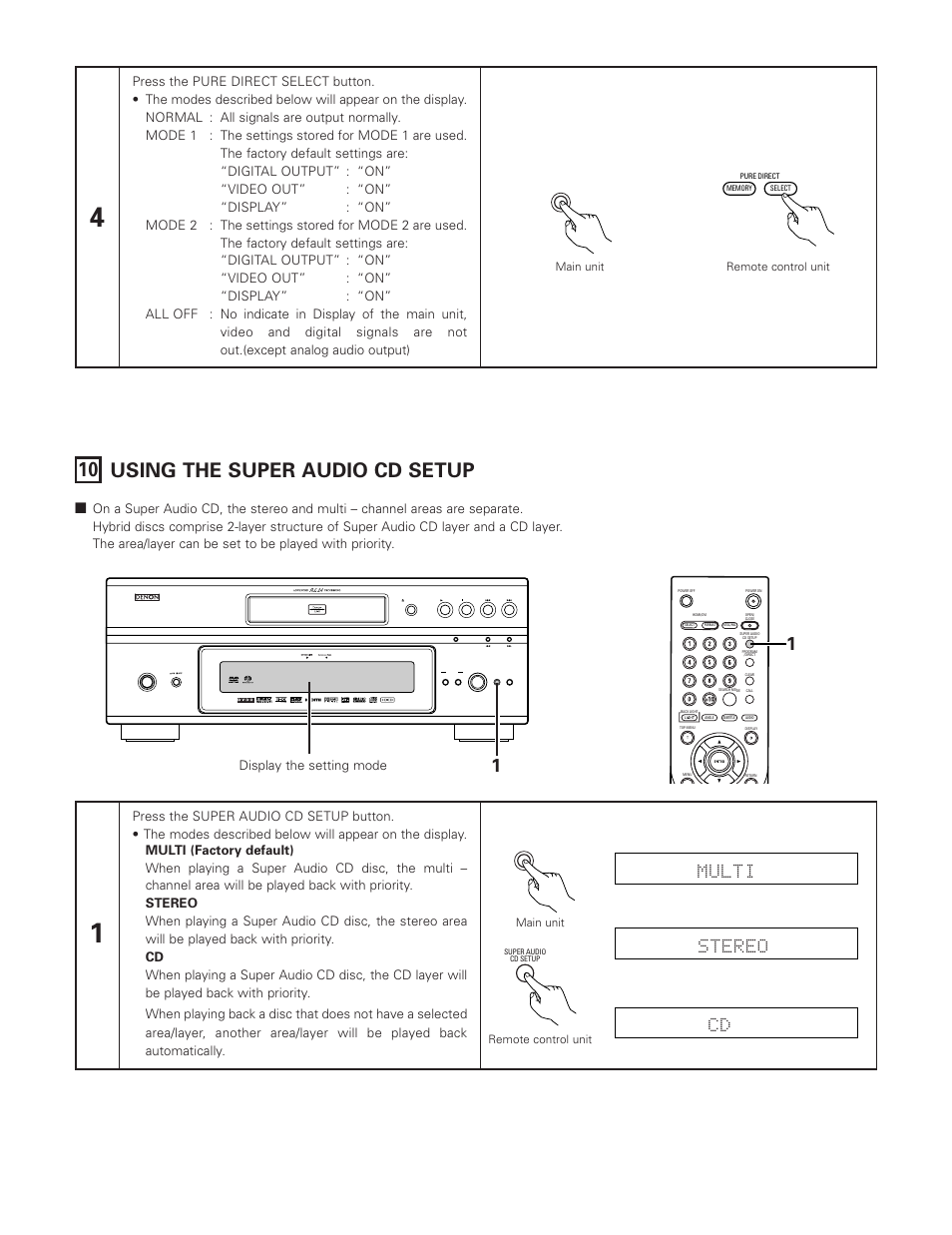 10 using the super audio cd setup, Multi stereo cd, On / standby | Display the setting mode | FujiFilm DVD-A1XV User Manual | Page 58 / 92