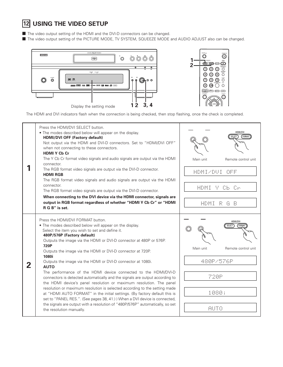 12 using the video setup, Hdmi/dvi off hdmi y cb cr hdmi r g b, Auto | On / standby, Display the setting mode | FujiFilm DVD-A1XV User Manual | Page 63 / 92