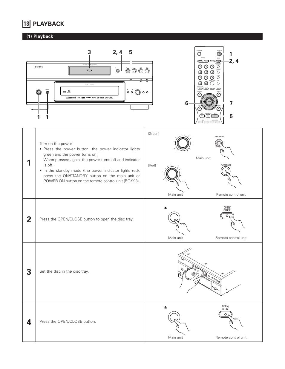 13 playback, 1) playback, On / standby | Press the open/close button | FujiFilm DVD-A1XV User Manual | Page 66 / 92