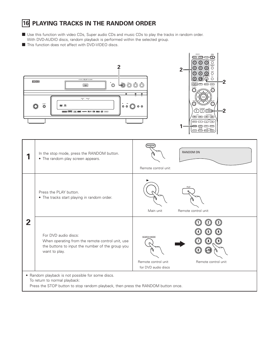 16 playing tracks in the random order, On / standby, Remote control unit main unit remote control unit | Remote control unit ✽ for dvd audio discs, Remote control unit | FujiFilm DVD-A1XV User Manual | Page 74 / 92