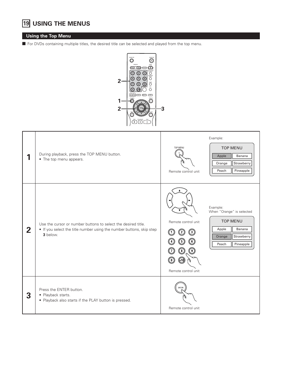 19 using the menus, Using the top menu, Top menu | FujiFilm DVD-A1XV User Manual | Page 79 / 92